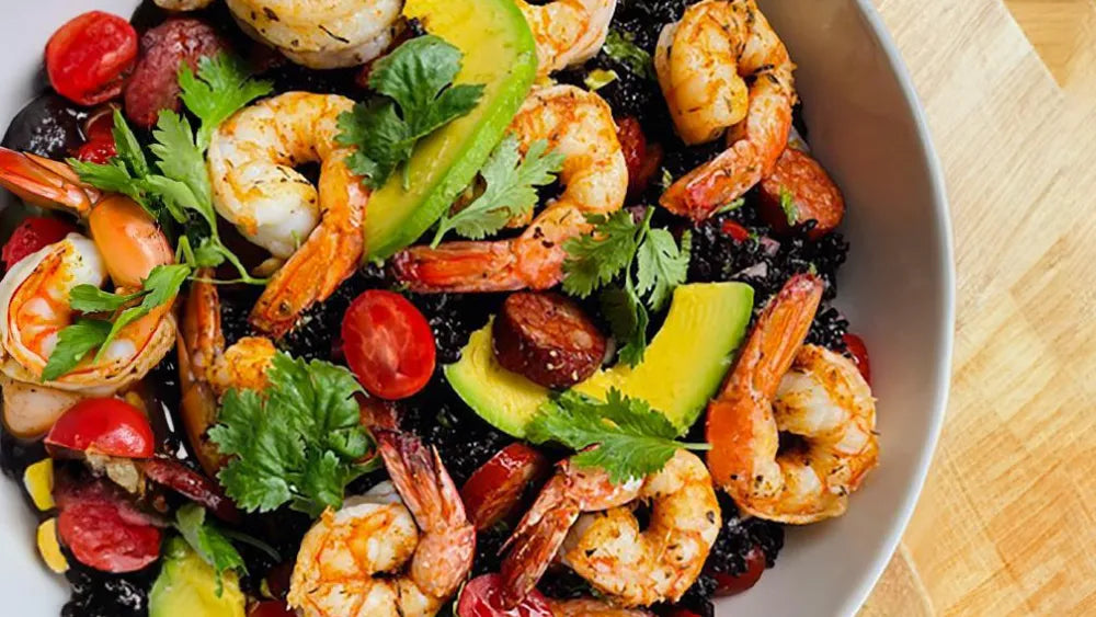Black Rice Salad with Chorizo & Prawns