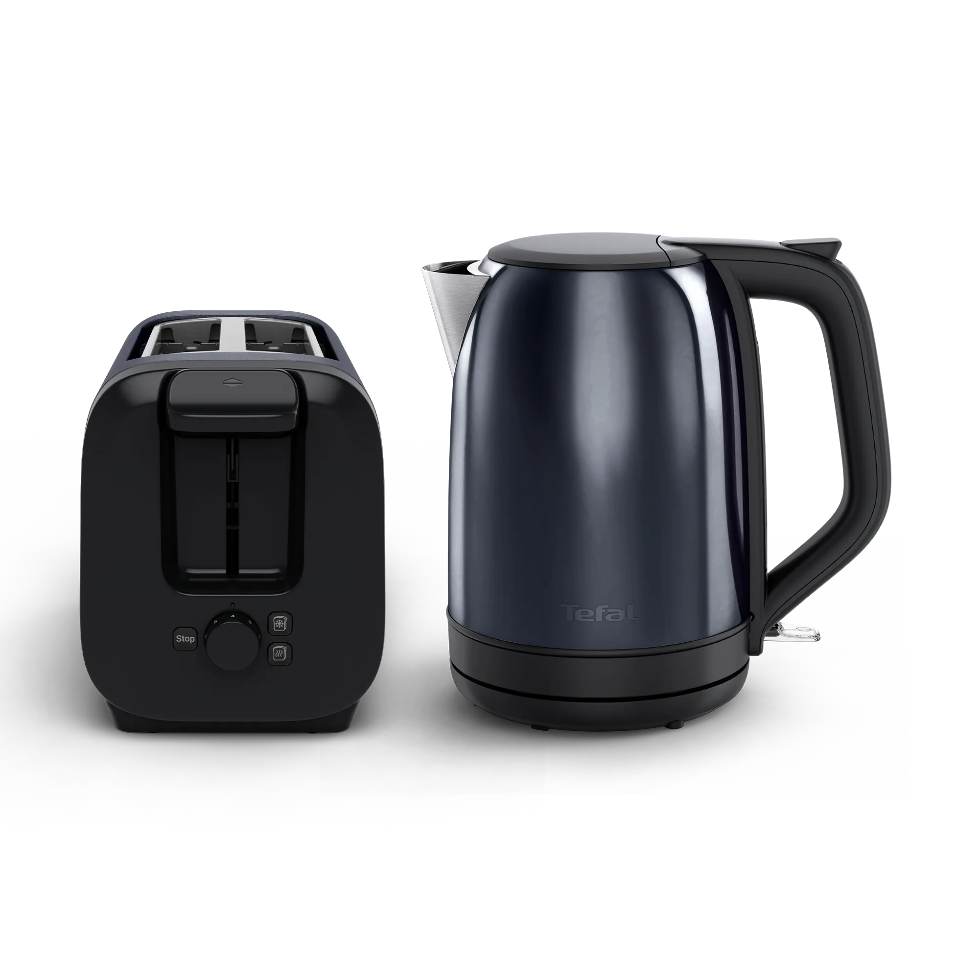 Tefal Subito Black Knight Stainless Steel Toaster & Kettle Breakfast Set TT5SAN front view