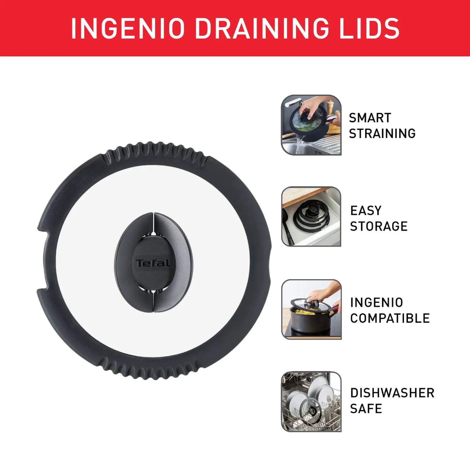 Tefal Ingenio - Set of 3 Draining Lids (16, 18, 20cm)