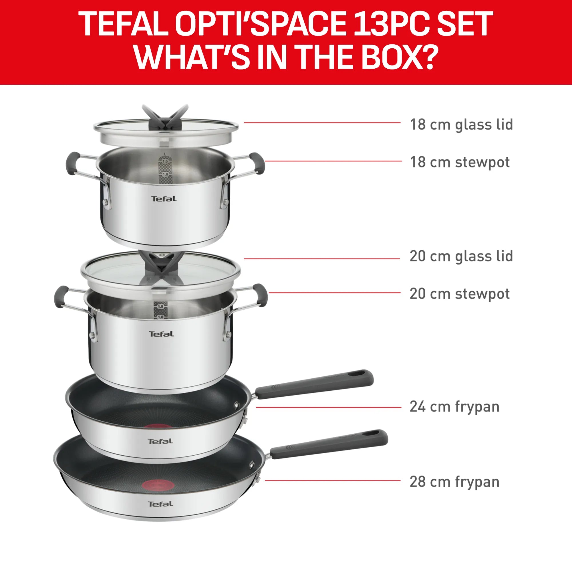Tefal Opti'Space Induction Stainless Steel 6pc Mixed Set - what's included in the set