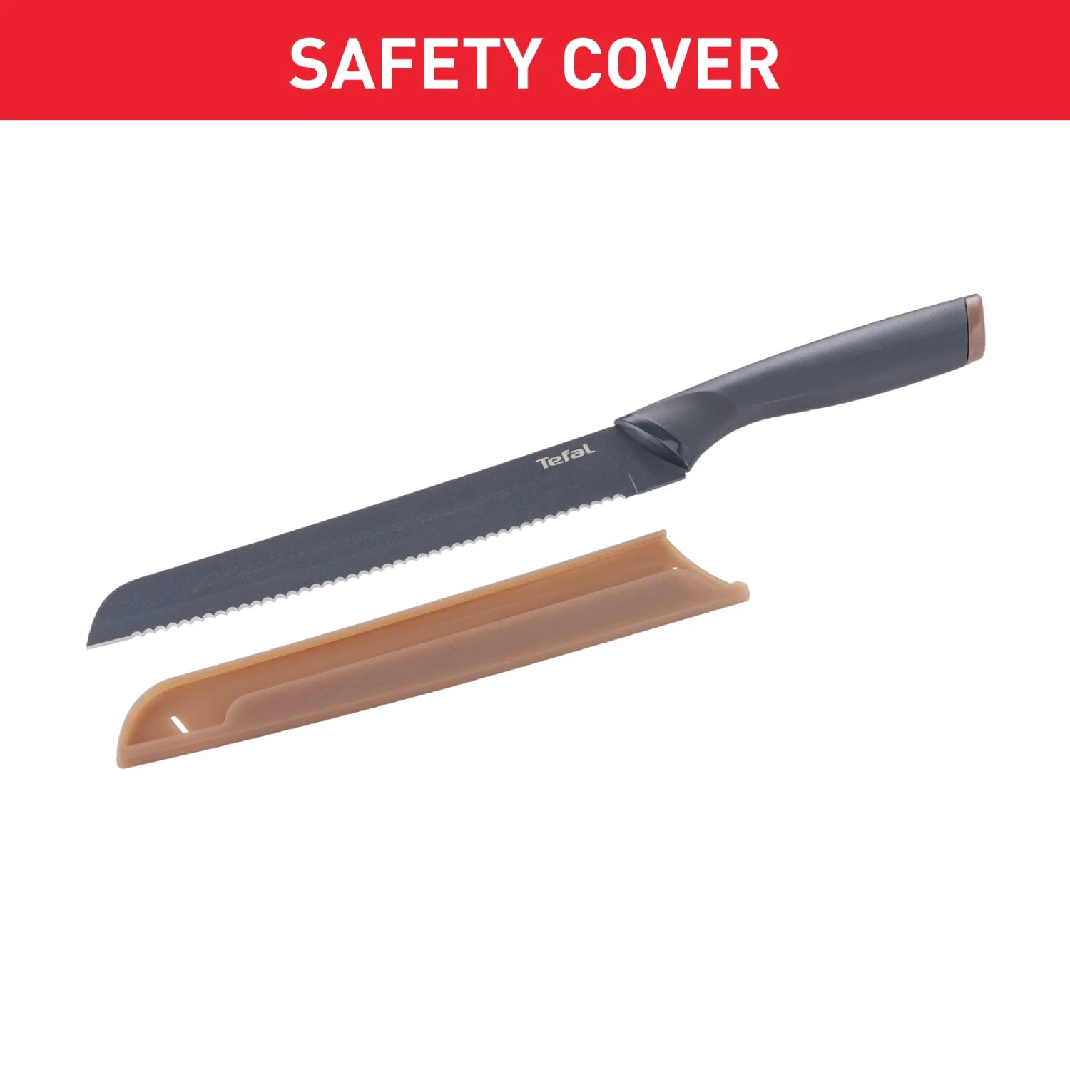 Tefal Fresh Kitchen Non-Stick Stainless Steel Bread Knife 20cm K1221805 with Safety Cover