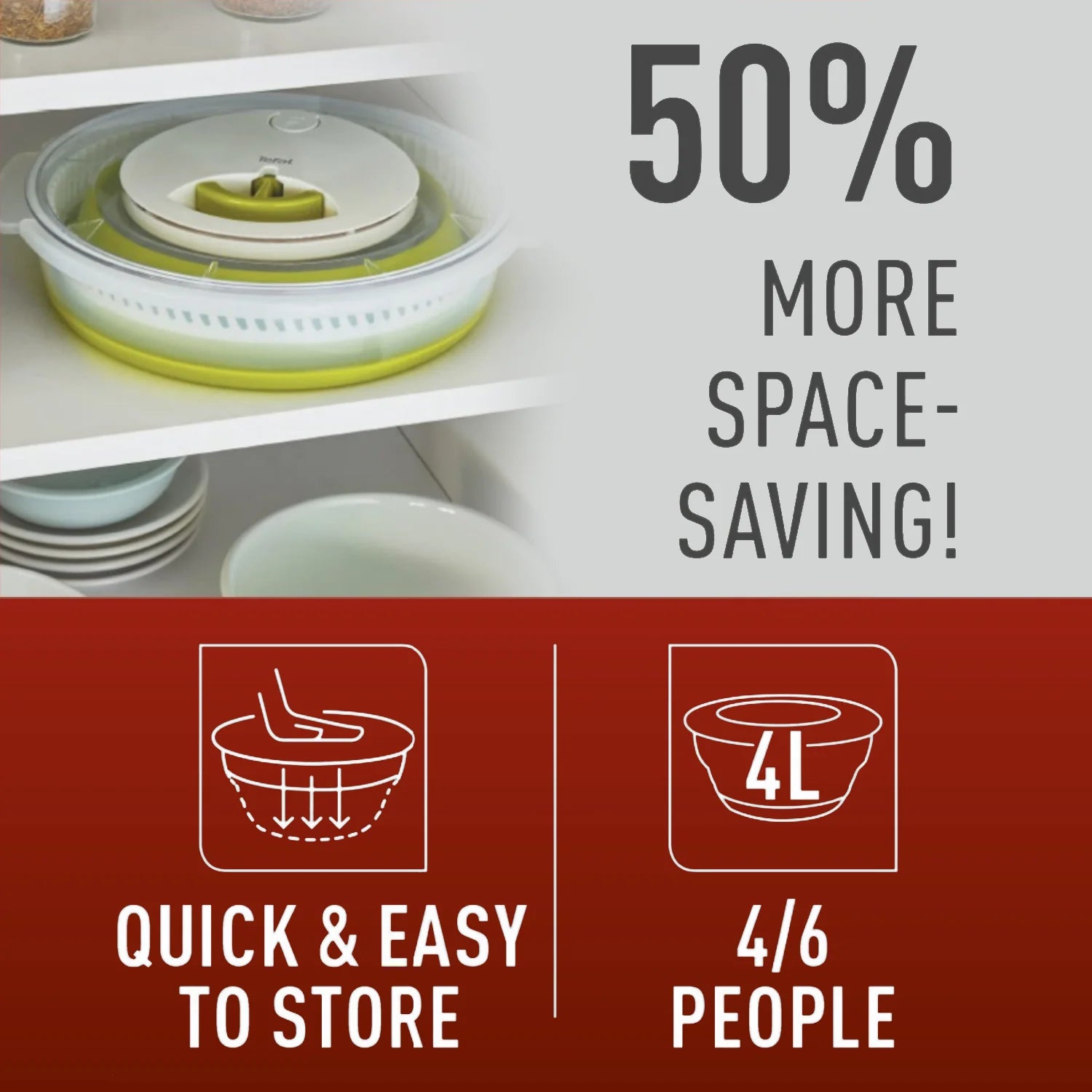 Tefal Collapsible Salad Spinner 4L K2520155 collpasible design for 50% space saving