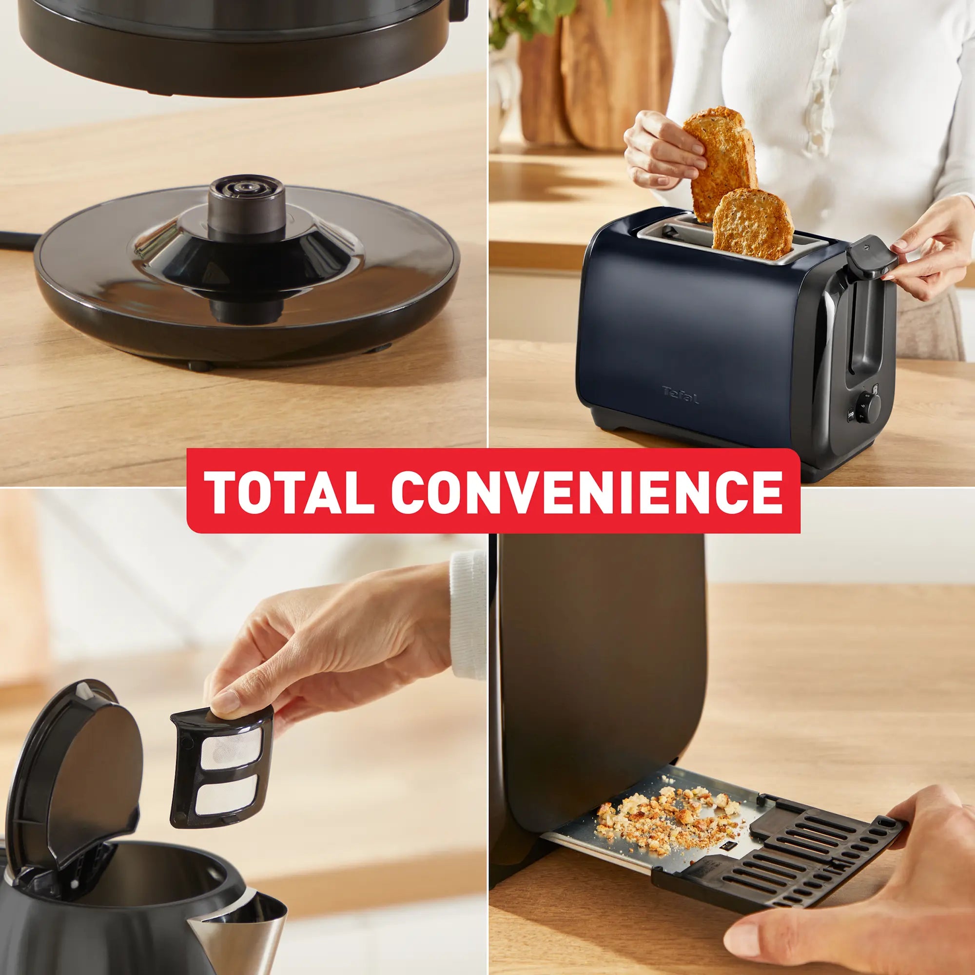 Tefal Subito Black Stainless Steel Toaster & Kettle Breakfast Set with toast in toaster with convenient features