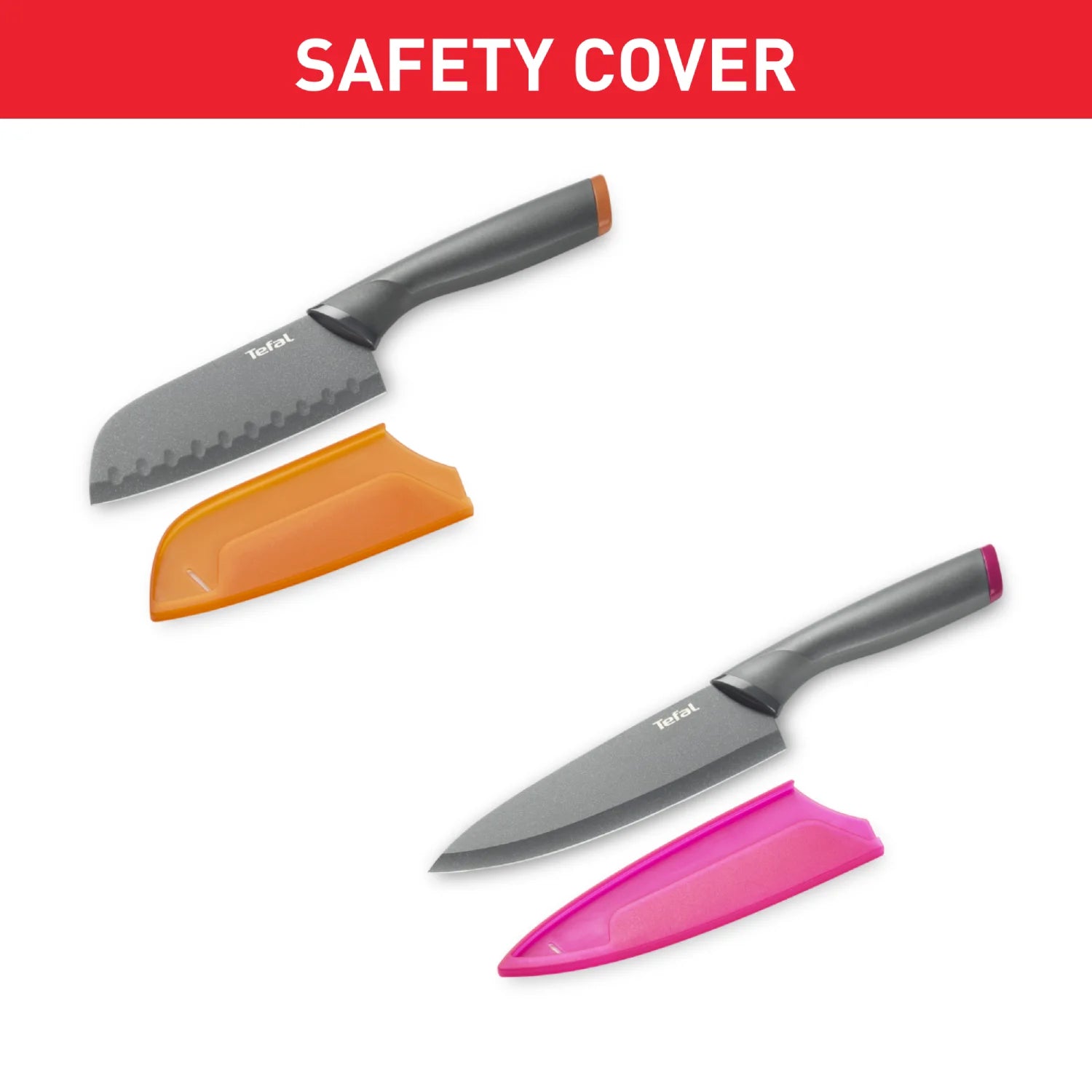 Tefal Fresh Kitchen Non-Stick Stainless Steel Set of 2 Kitchen Knives K122S224 with Safety Cover
