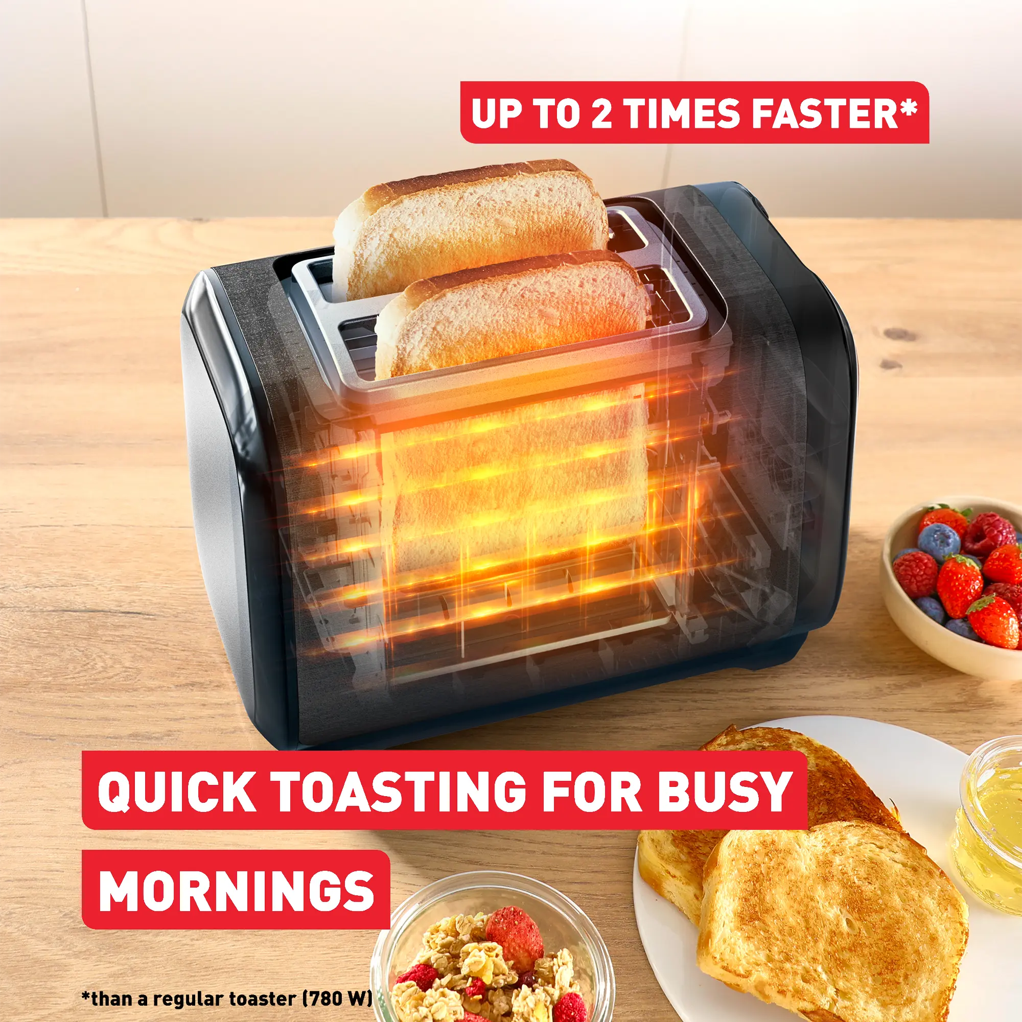 Tefal Subito Black Stainless Steel Toaster & Kettle Breakfast Set toast up to two times faster
