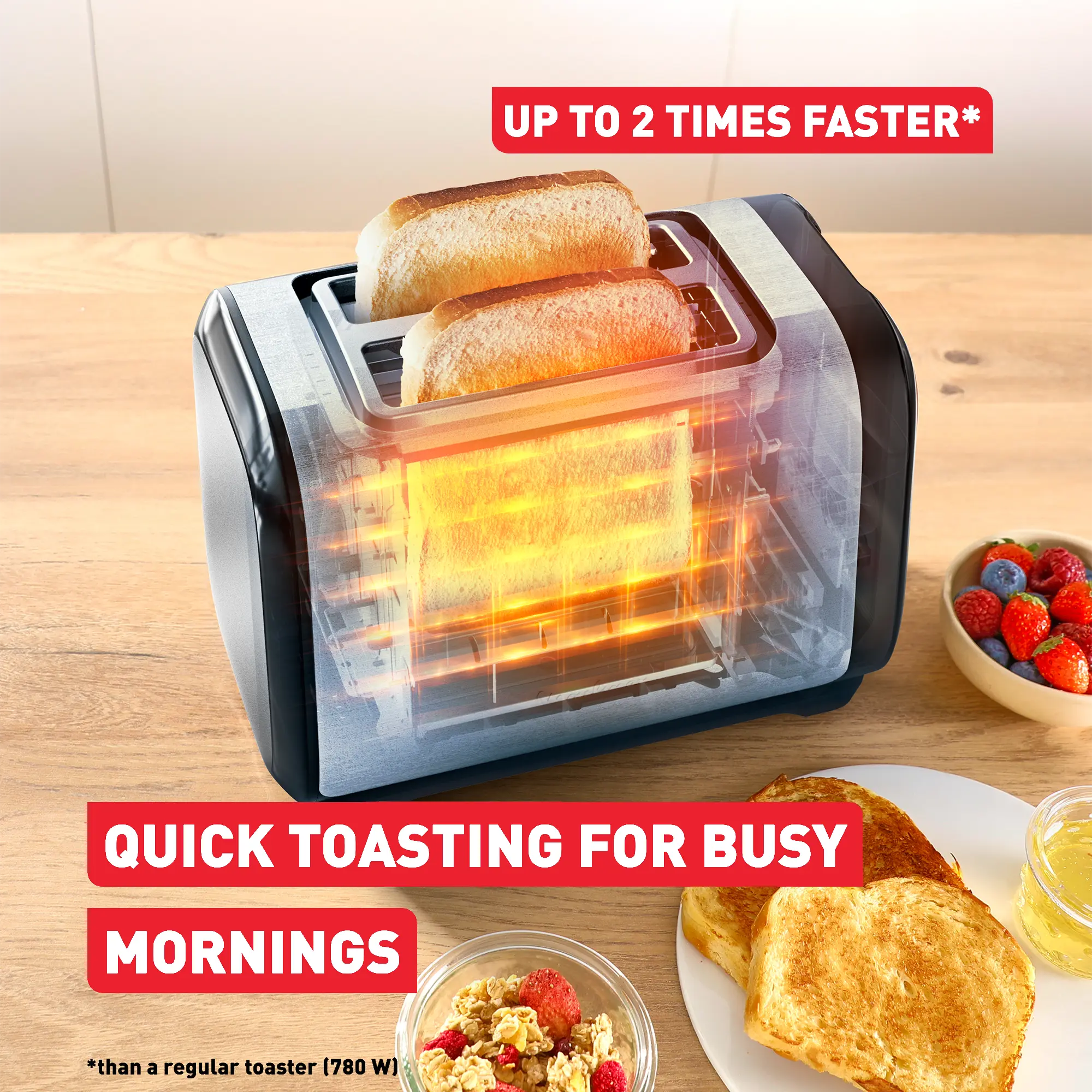 Tefal Subito Stainless Steel Toaster & Kettle Breakfast Set TT5SAD toast up to two times faster