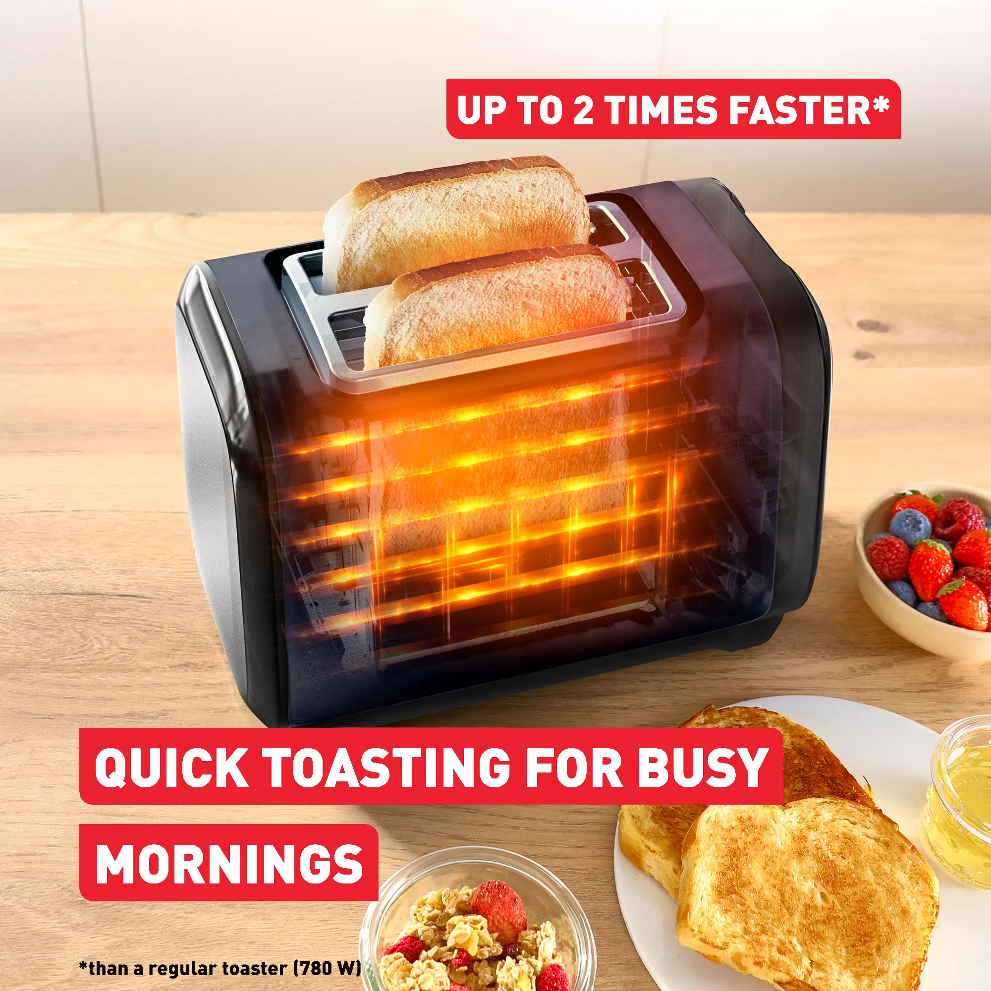Tefal Subito Black Stainless Steel Toaster & Kettle Breakfast Set toast up to two times faster