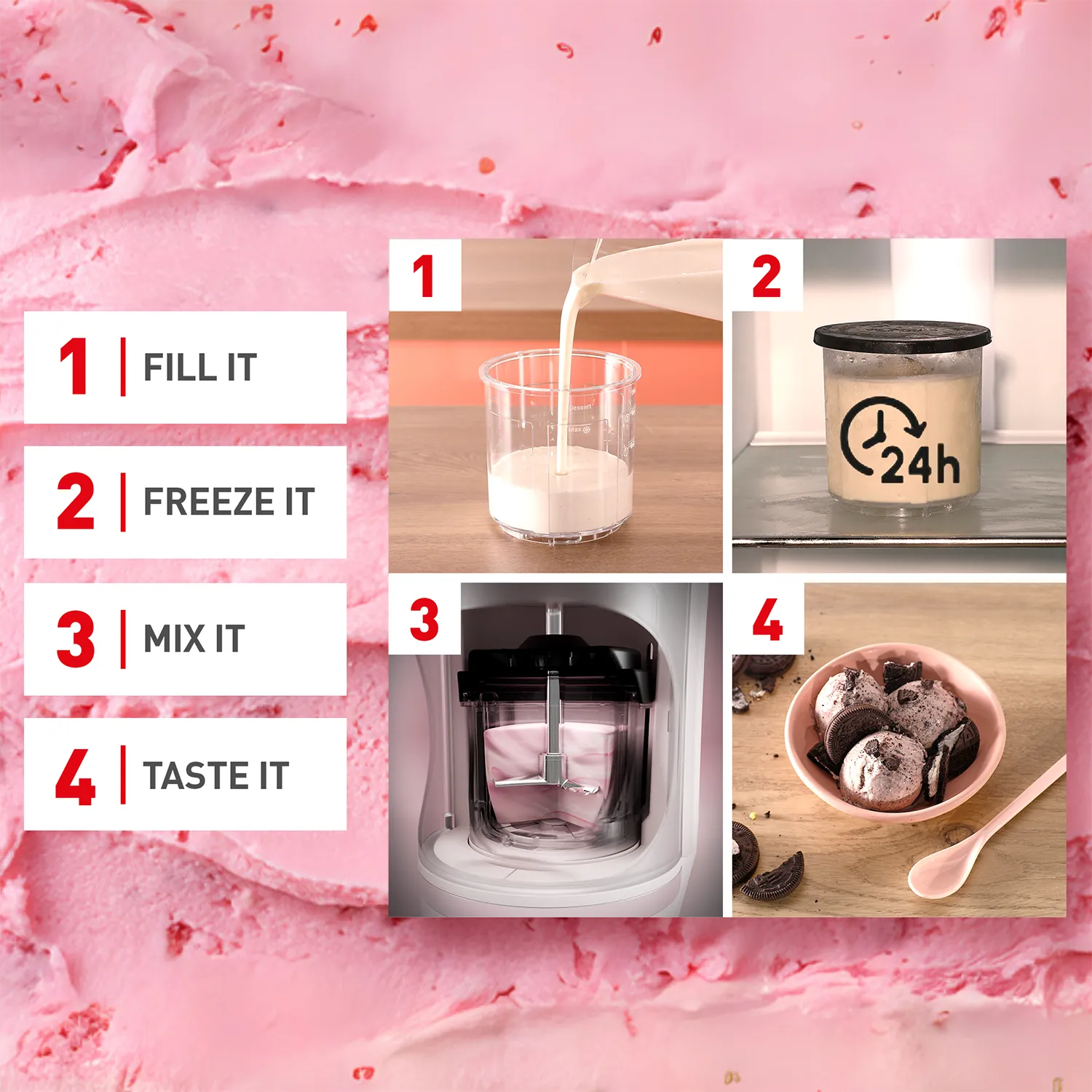 Tefal Dolci Black Knight Ice Cream Maker in 4 steps: fill it, freeze it, mix it, taste it