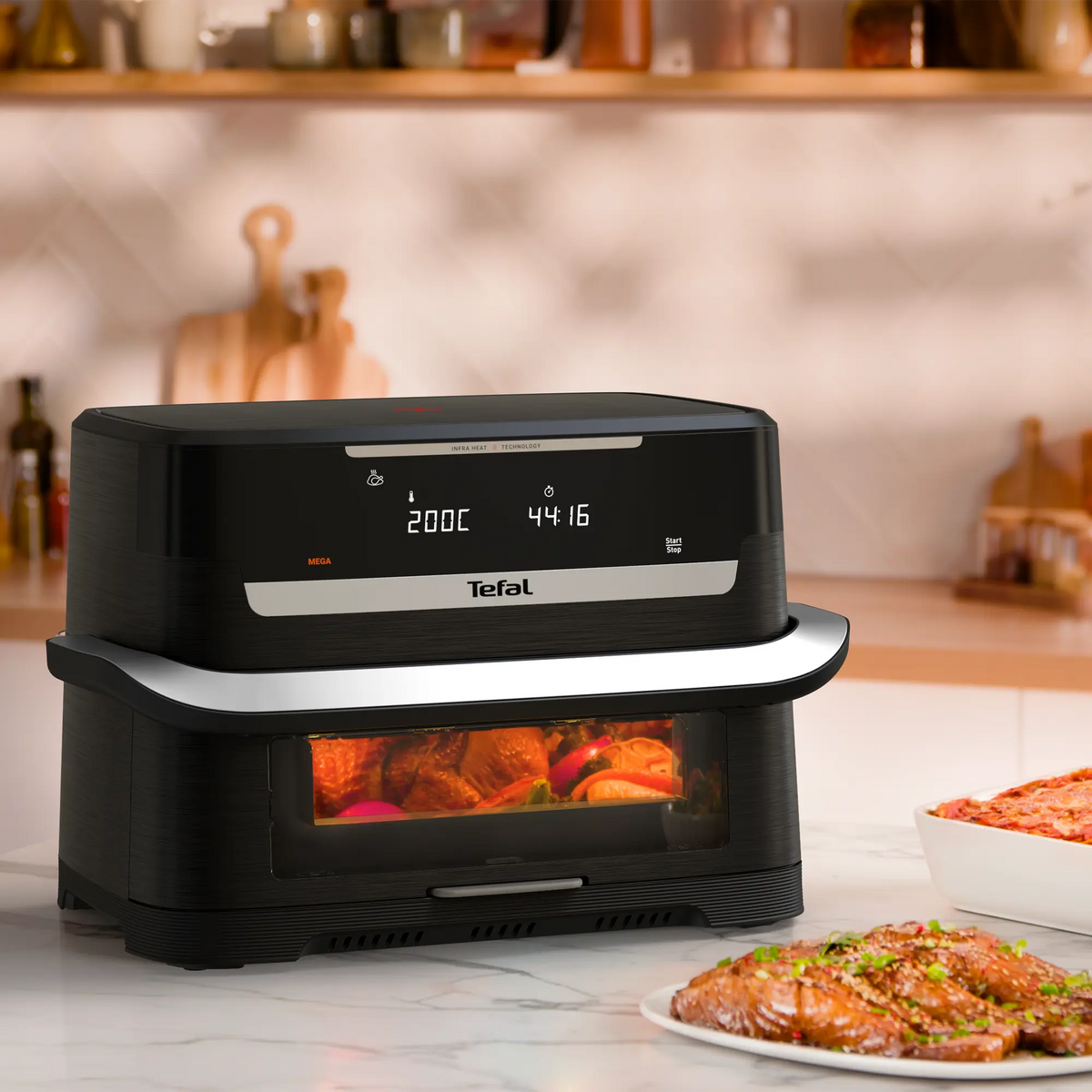 Tefal Ever Fry Infra Heat Flex 9L Detachable Front Air Fryer EY9278 cooking chicken on kitchen bench