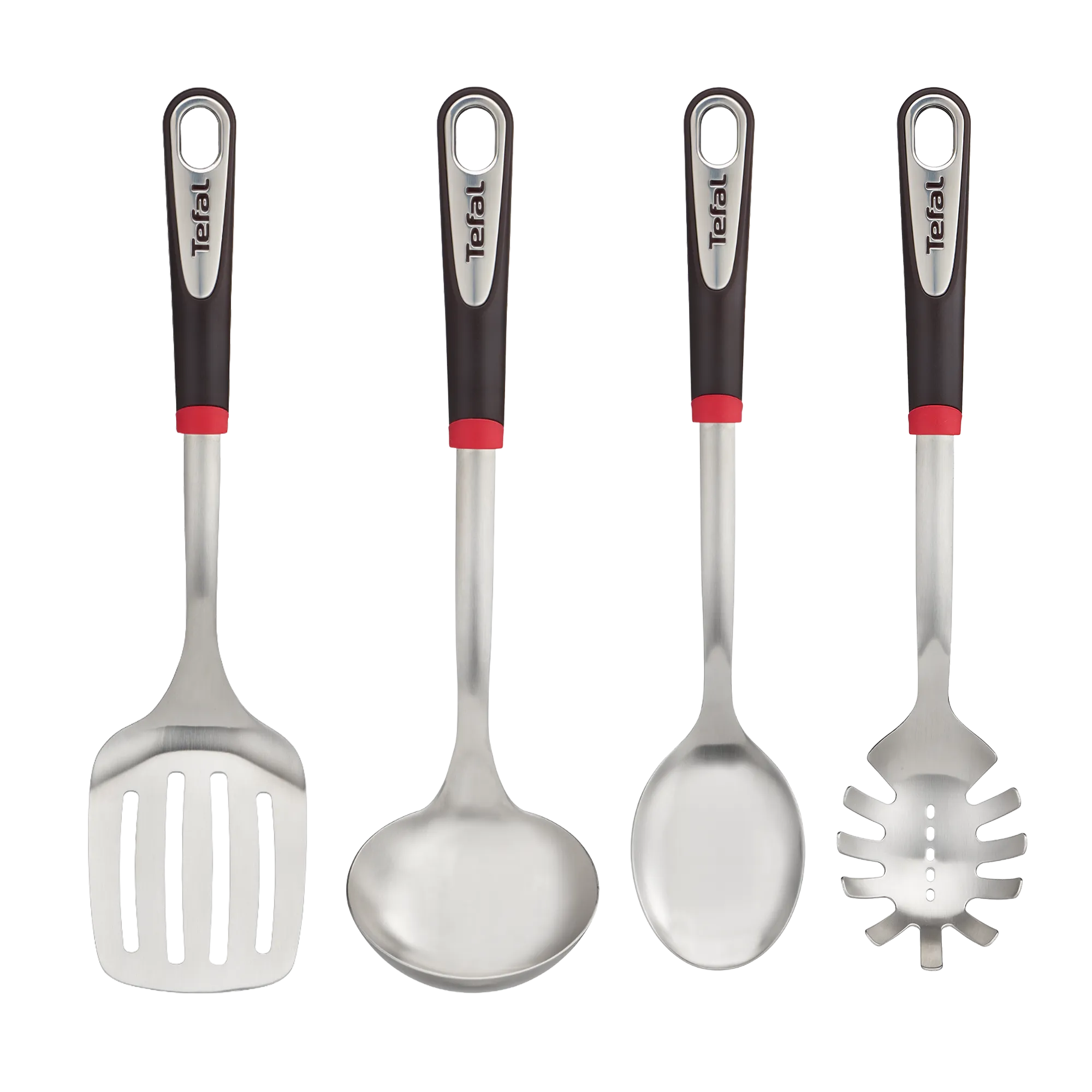 Tefal Ingenio Stainless Steel Kitchen Utensil Essentials Set includes slotted turner, ladle, spoon and pasta spoon