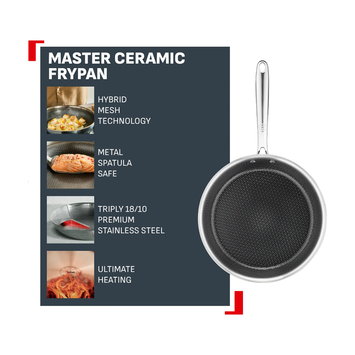 Tefal Master Induction Stainless Steel Ceramic Hybrid Mesh Frypan 24cm Features