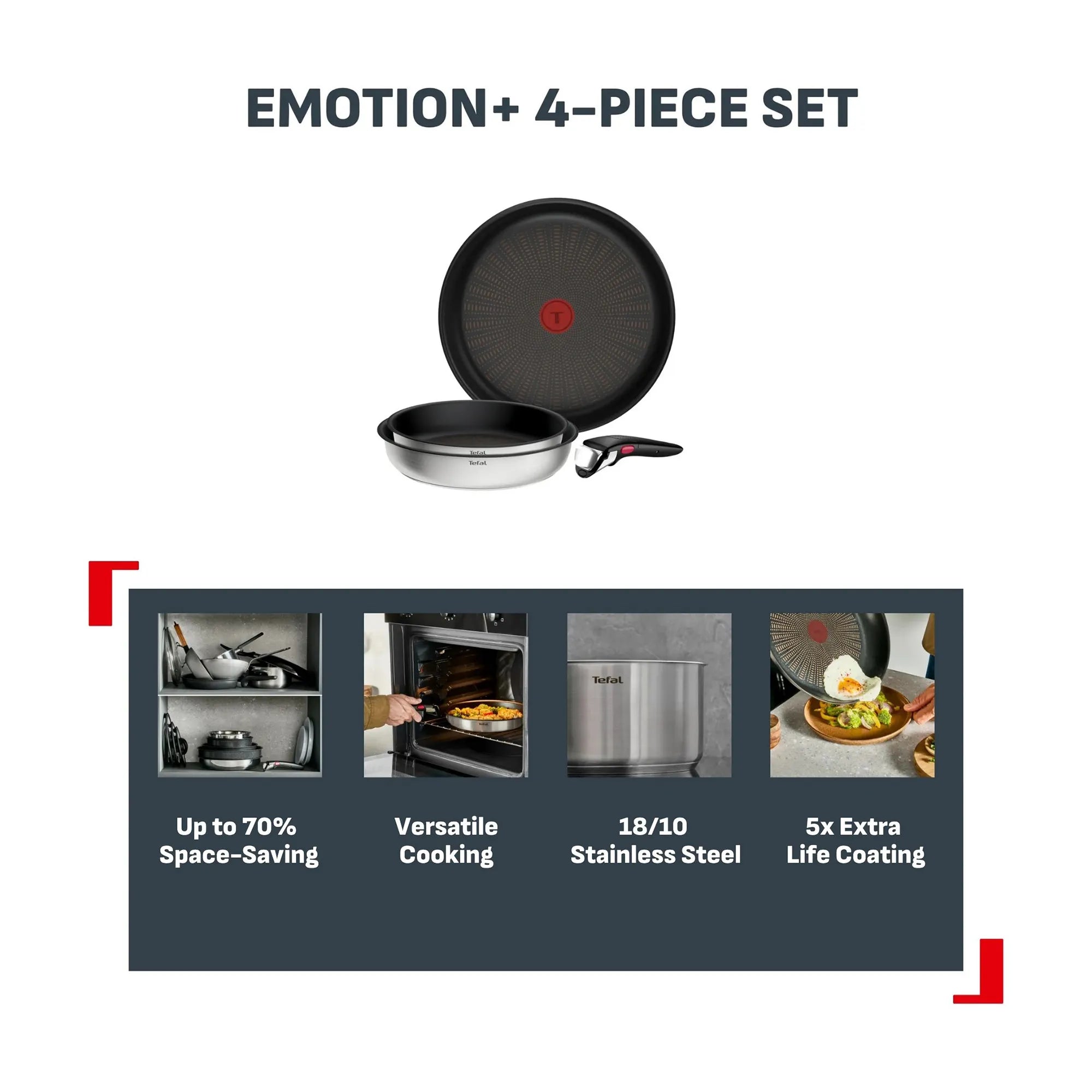 Tefal Ingenio Emotion+ Induction Stainless Steel Non-Stick 4pc Frypan Set Features