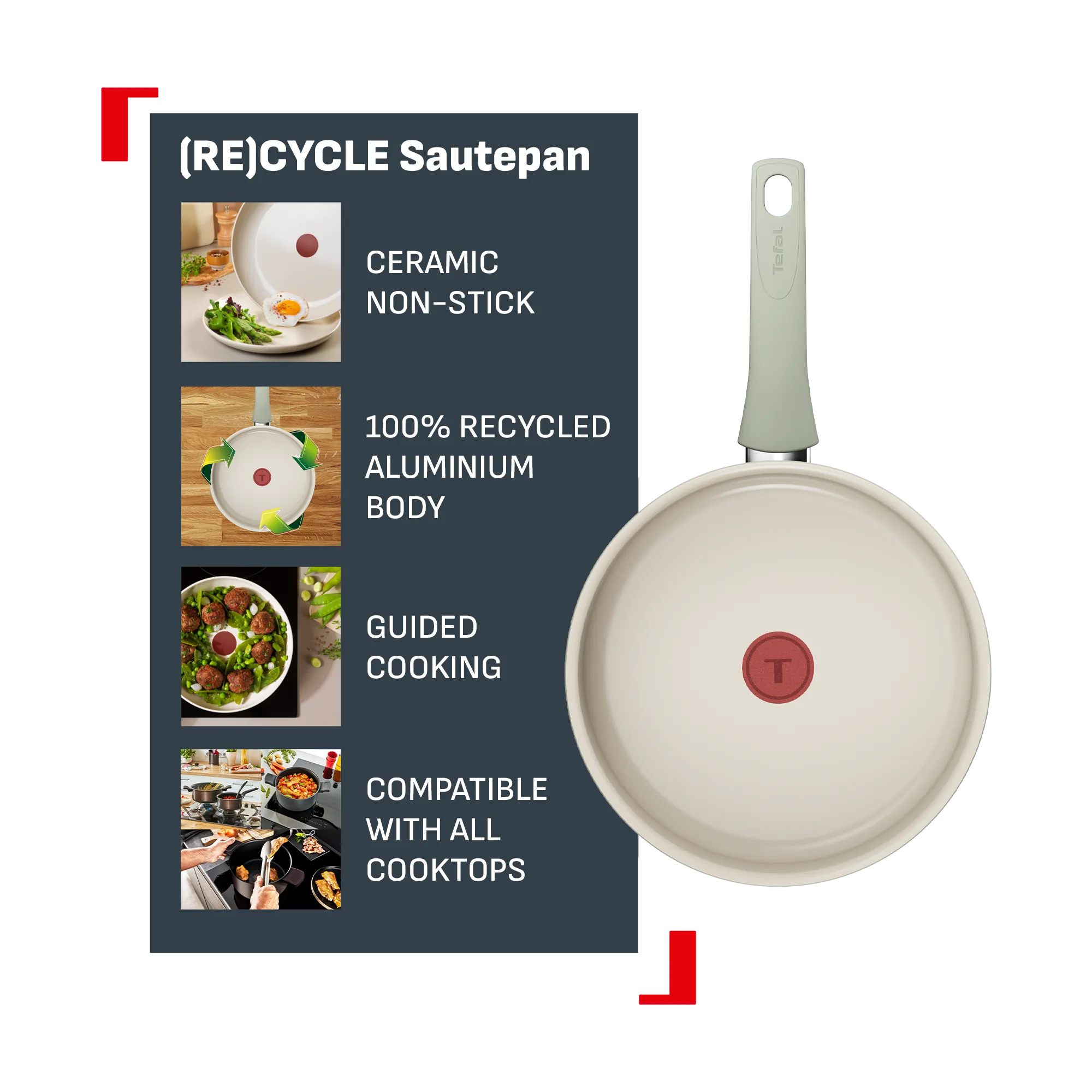 Tefal (Re)cycle Induction Ceramic Green Lichen Non-Stick Sautepan 24cm + Lid