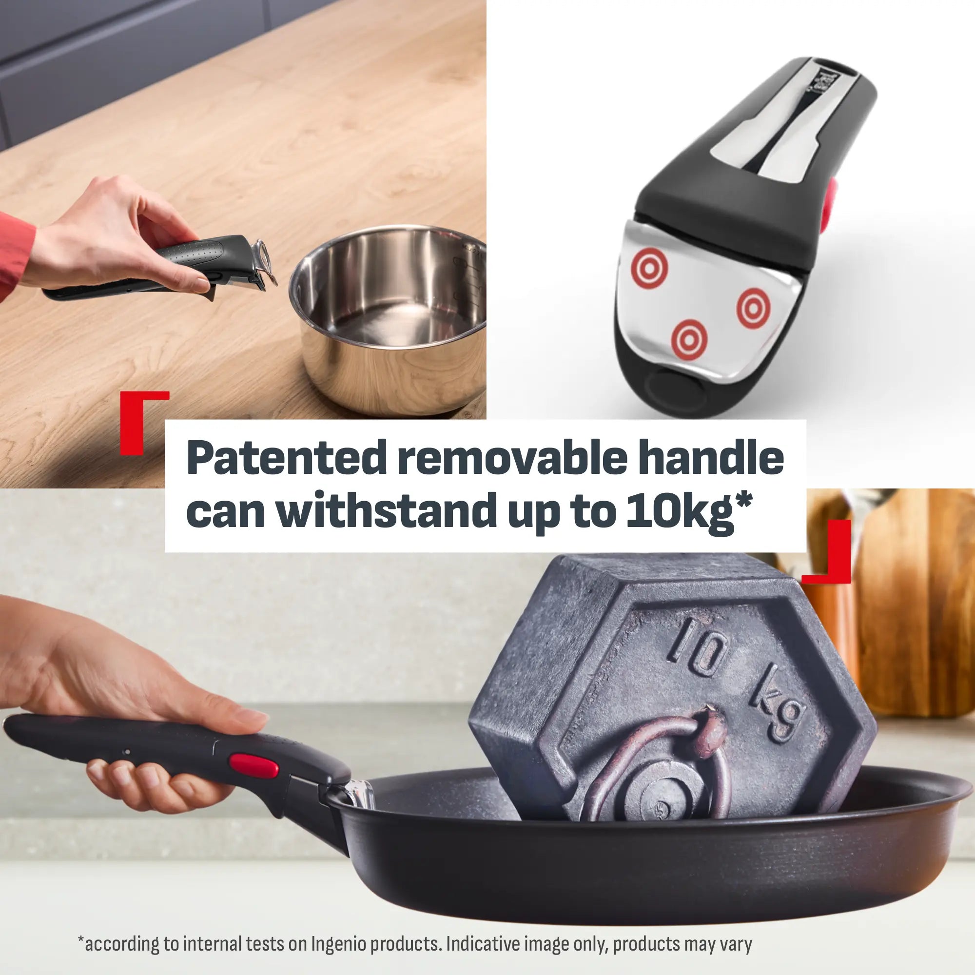 Tefal Ingenio Emotion+ Induction Uncoated Stainless Steel Set handle can withstand up to 10kg