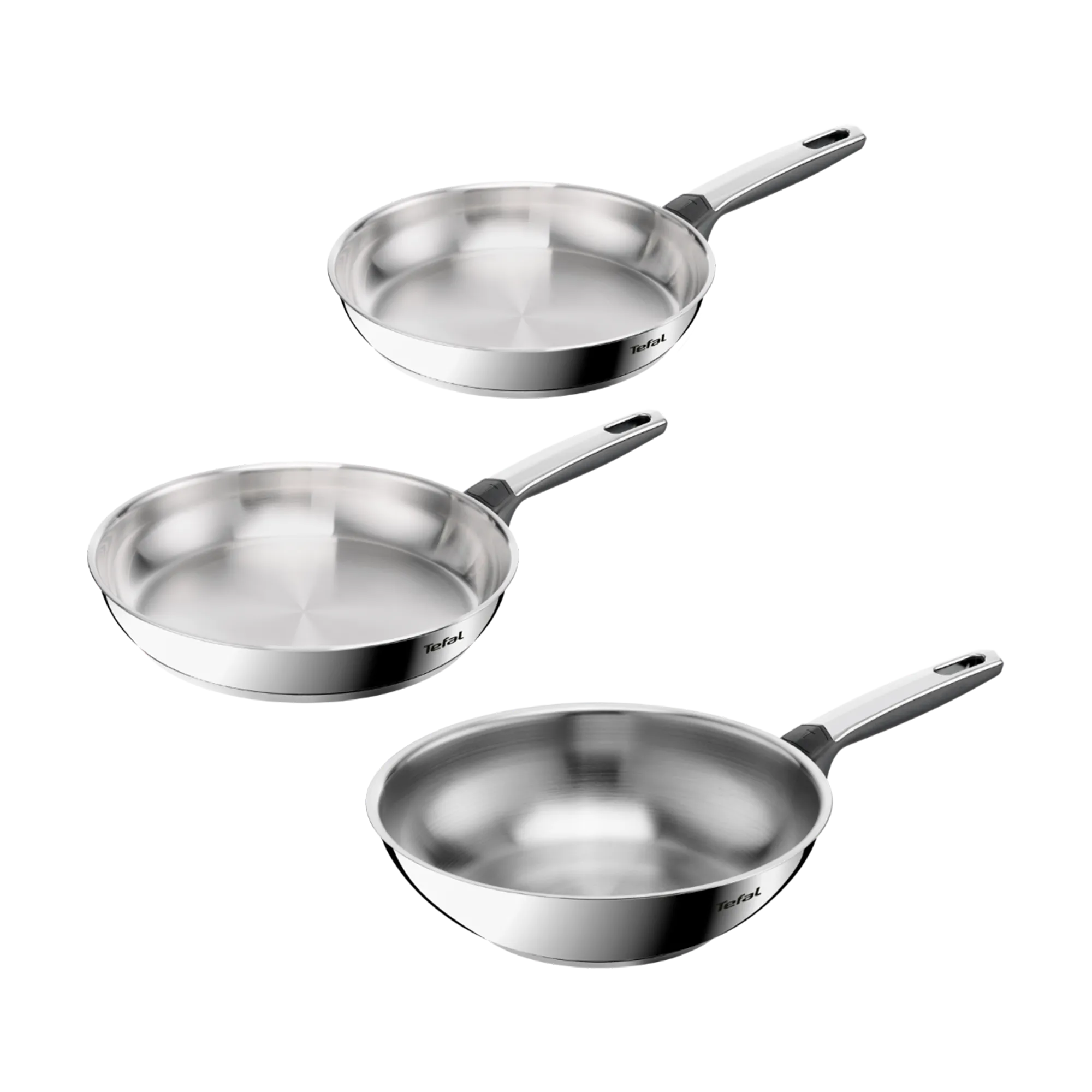 Tefal Emotion+ Induction Stainless Steel Uncoated Triple Pack Frypans 24/30cm & Wok 28cm