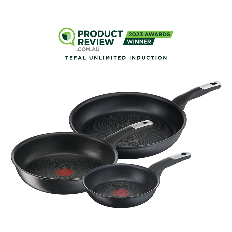 User manual and frequently asked questions Tefal Unlimited Non-Stick Induction Triple Pack Frypan Set 20/26/30cm