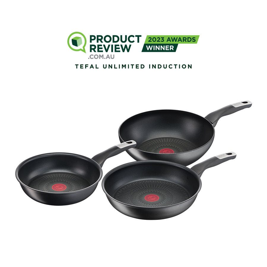 User manual and frequently asked questions Tefal Unlimited Non-Stick Induction Triple Pack Cookware Set - Frypan 24cm, Frypan 28cm, Wok 28cm