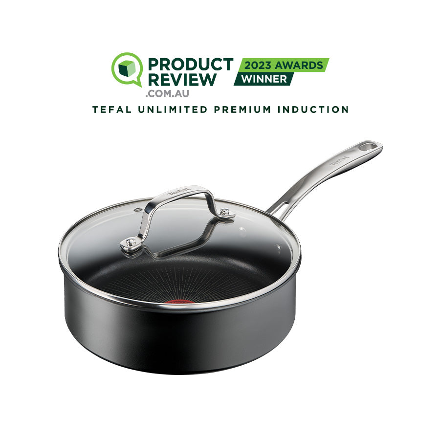 User manual and frequently asked questions Tefal Unlimited Premium Non-Stick Induction Saute Pan 24cm + Lid