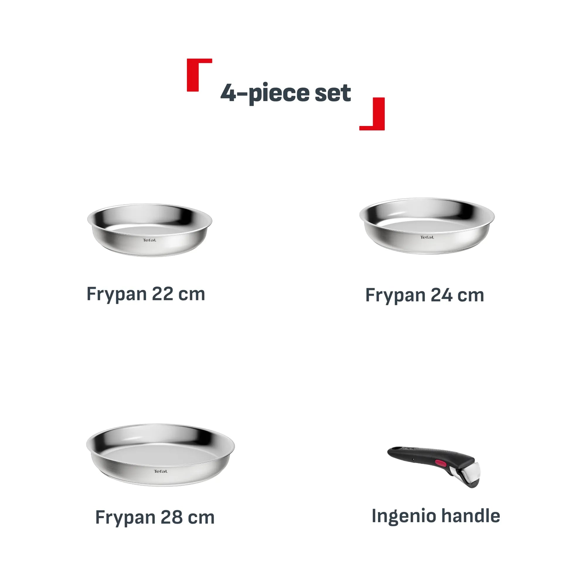 Tefal Ingenio Emotion+ Induction Uncoated Stainless Steel 4pc Frypan Set Contents
