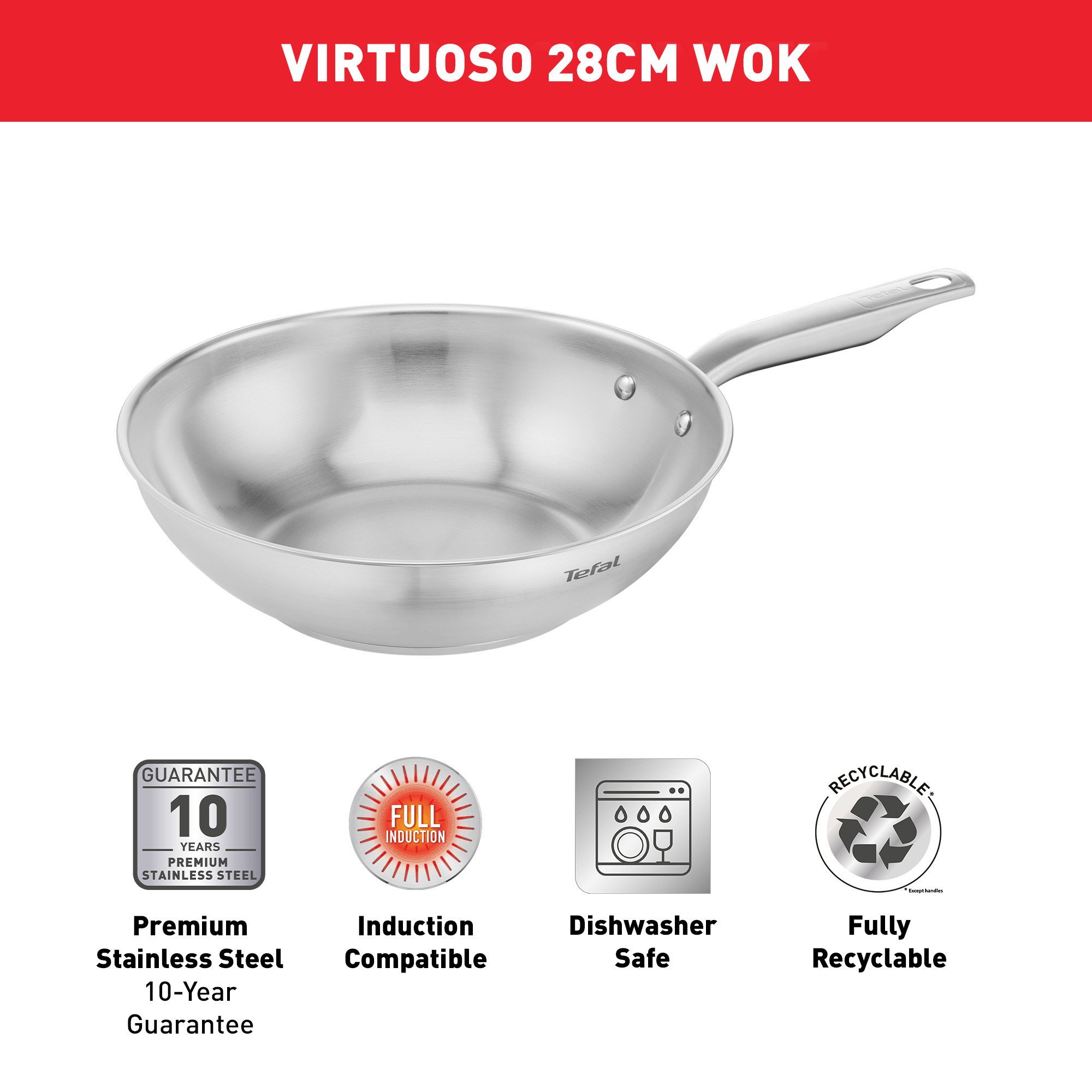 Tefal Virtuoso Induction Stainless Steel Uncoated Wok 28cm