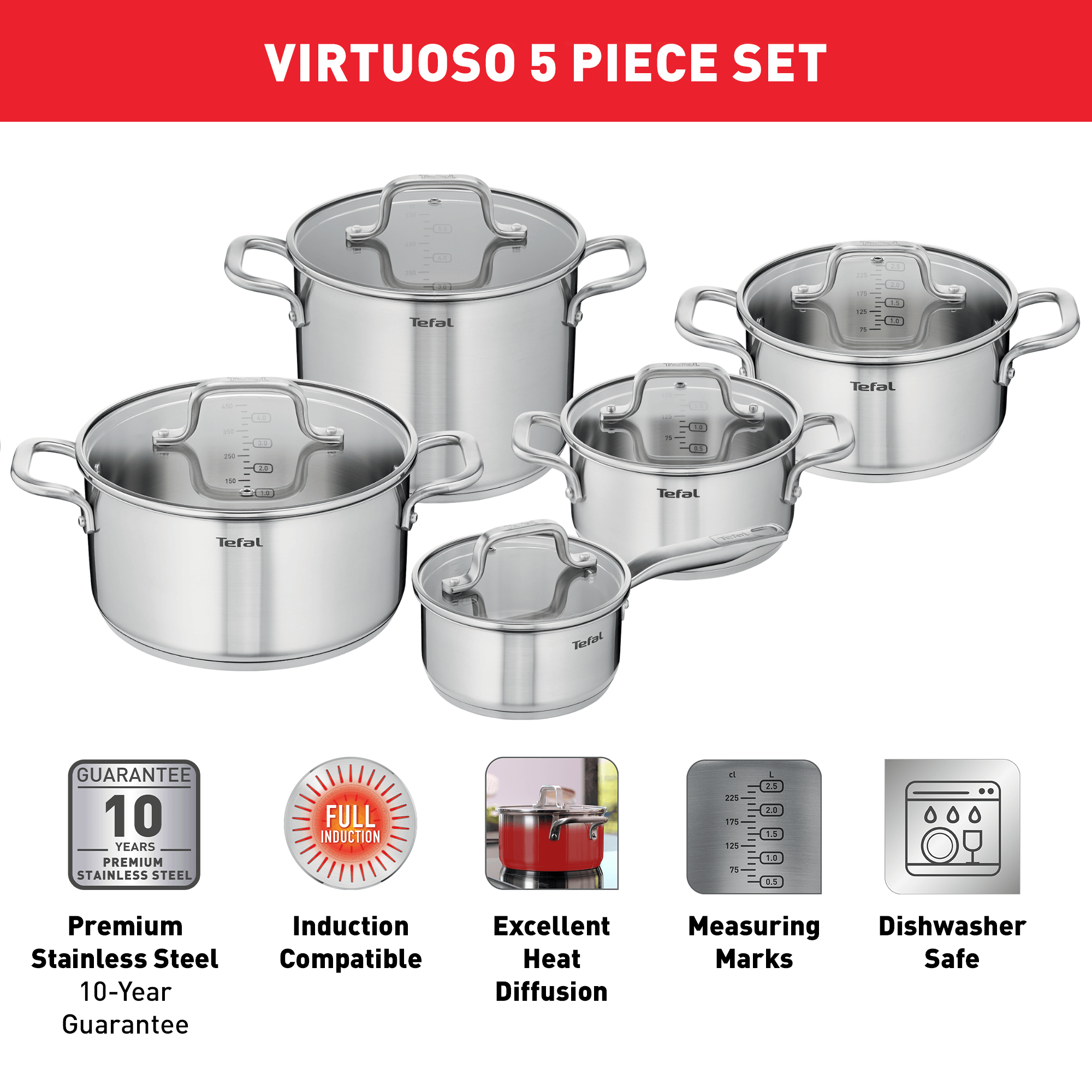 Tefal Virtuoso Induction Stainless Steel Uncoated 5pc Set