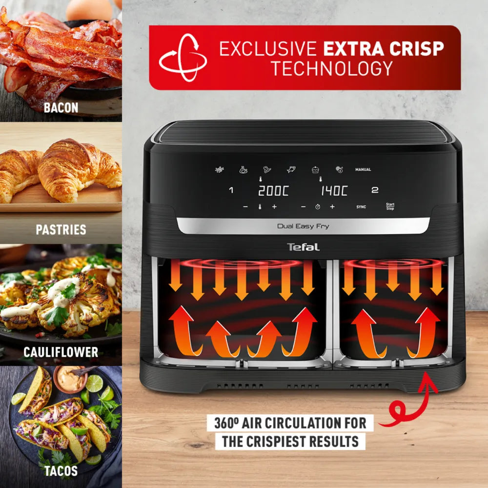 Tefal Dual Easy Fry Essential XXL Air Fryer EY901H Extra Crisp Technology