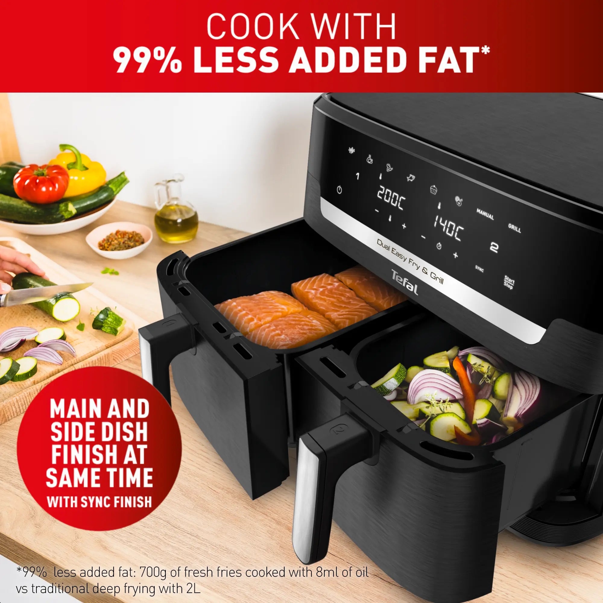 Tefal Dual Easy Fry & Grill 11L Air Fryer EY9458 cook with 99% less added fat