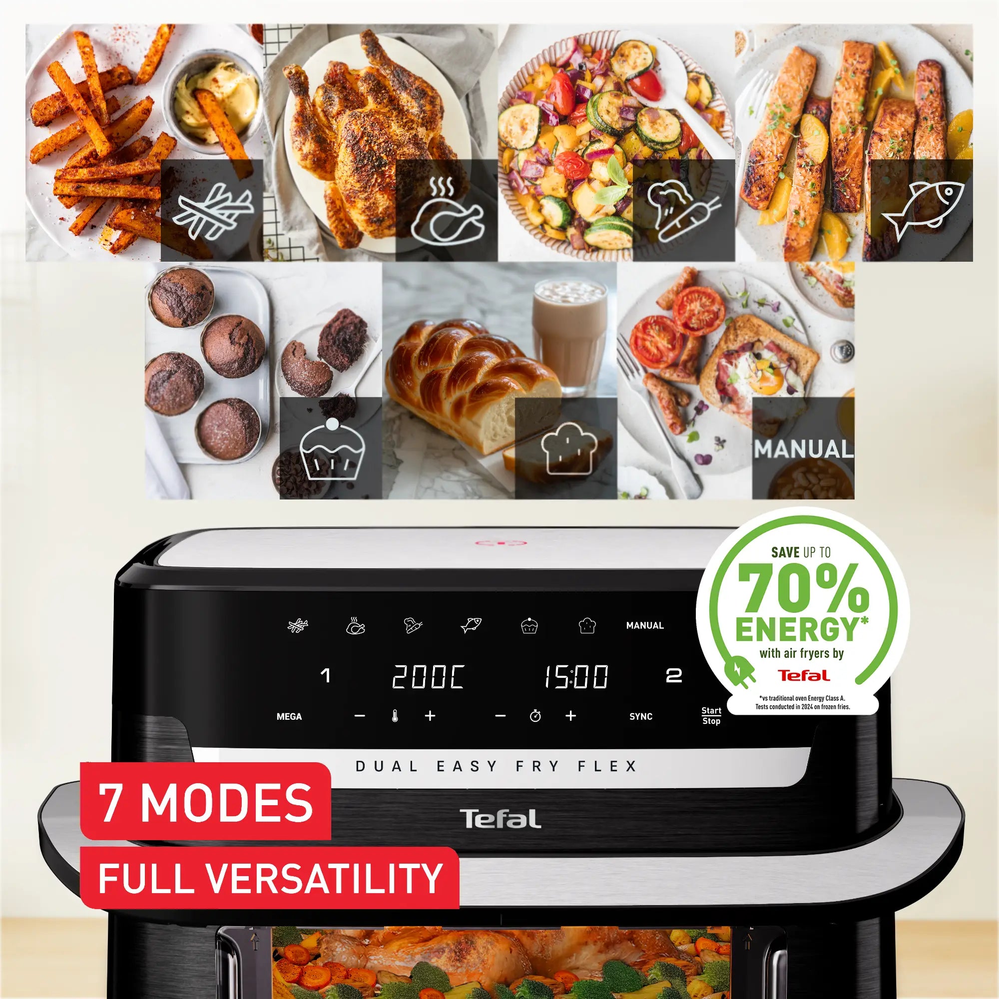 Tefal Dual Easy Fry Flex Black Air Fryer EY9228 with 7 preset versatile modes