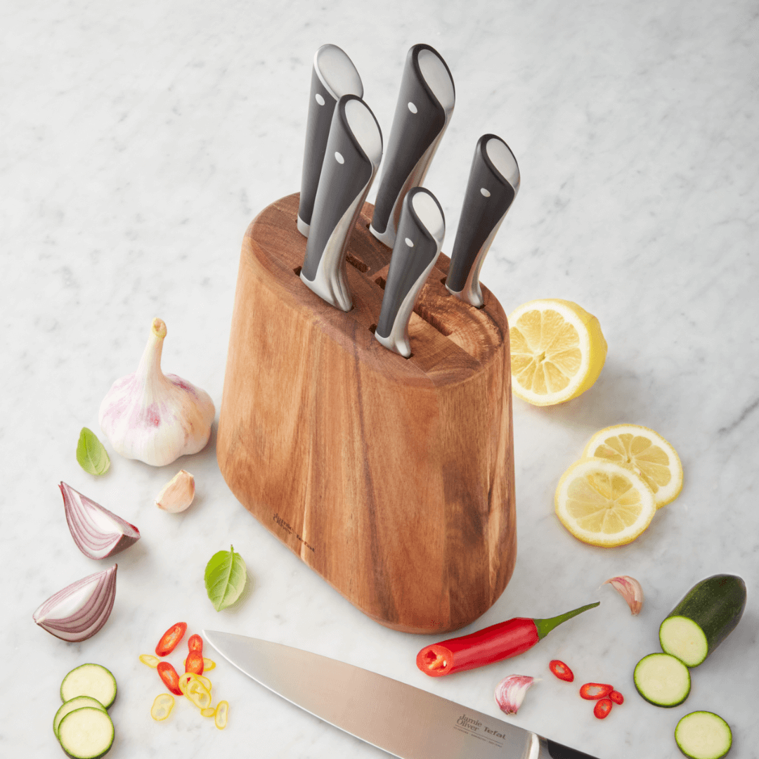 Jamie Oliver by Tefal Knife Block 6pc Set with BONUS Jamie Oliver Medium Wooden Board