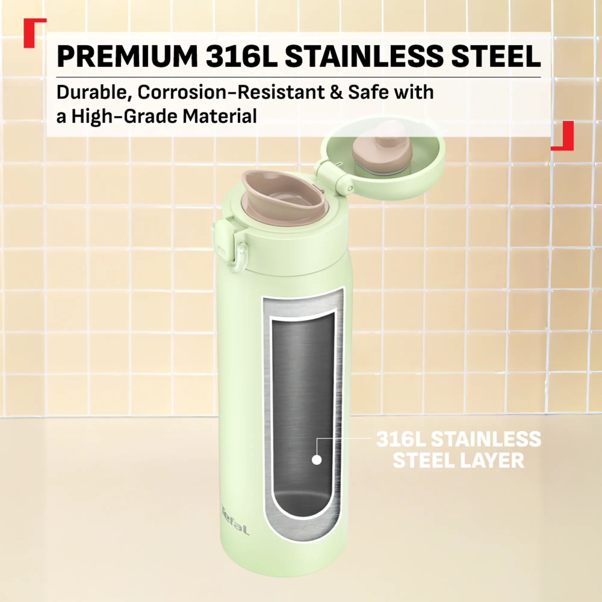 Tefal Easy to Go Stainless Steel Drink Bottle 500ml with premium corrosion-resistant 316L stainless steel.