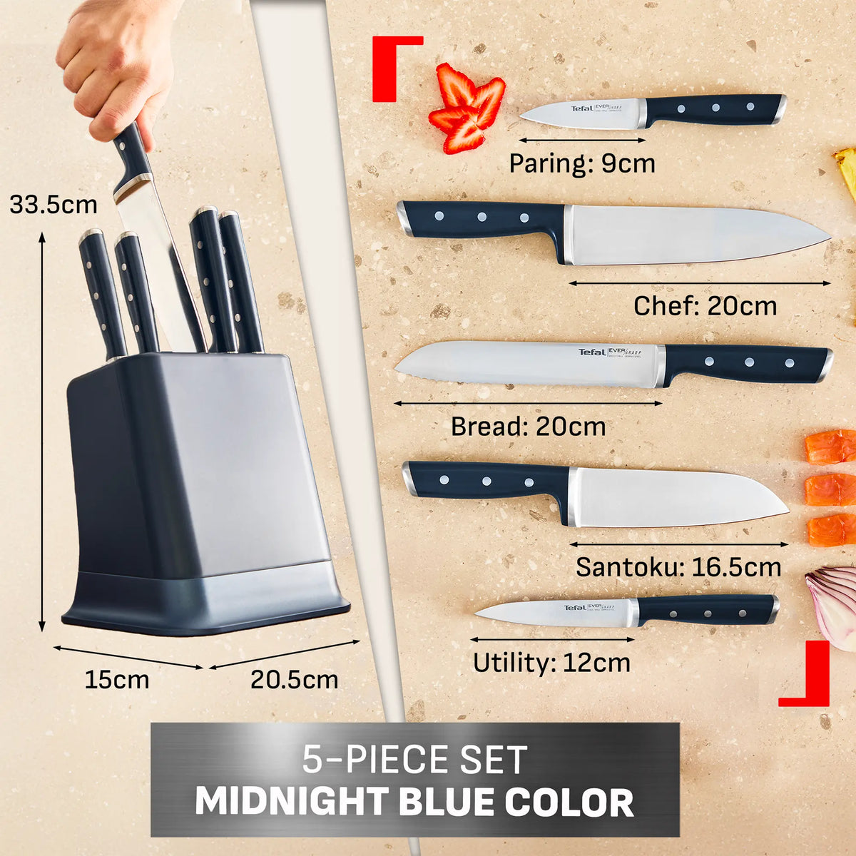 Tefal Eversharp Pro Knife Block 5pc Set + Block with Integrated Sharpener - paring, chef, bread, santoku and utility knife included