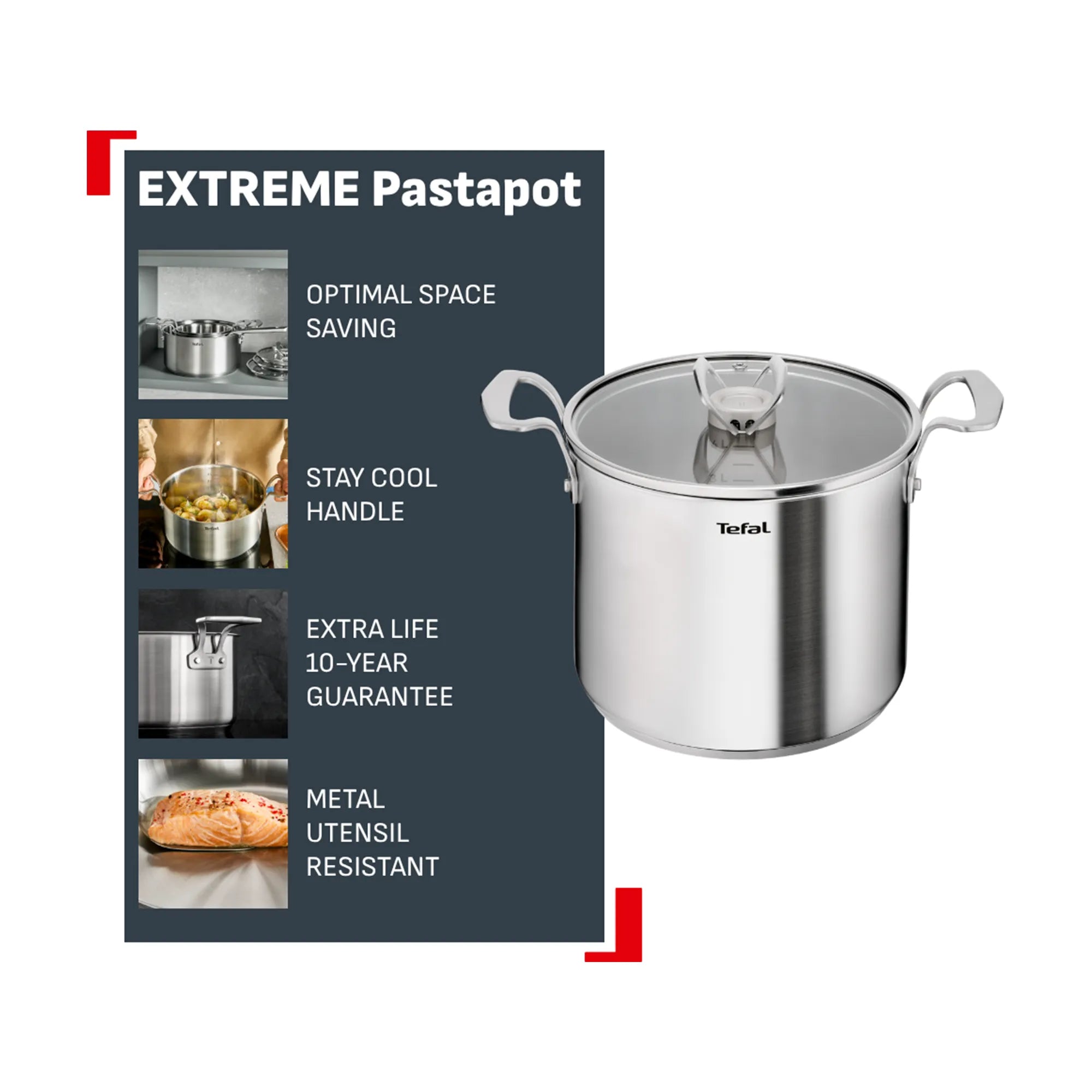 Tefal Space+ Extreme Induction Stainless Steel Pasta Pot 22cm + Lid