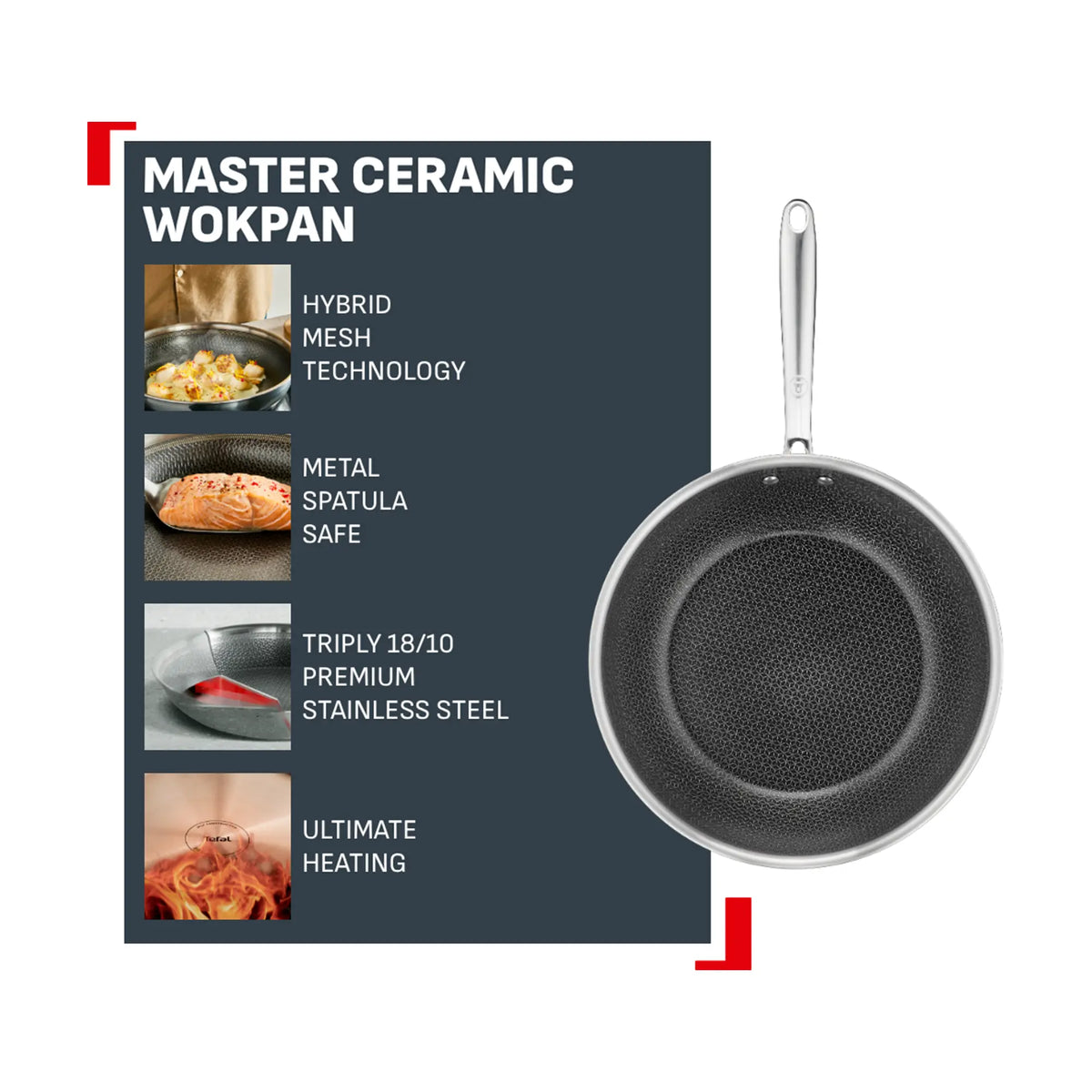 Tefal Master Induction Stainless Steel Ceramic Hybrid Mesh Wok 28cm