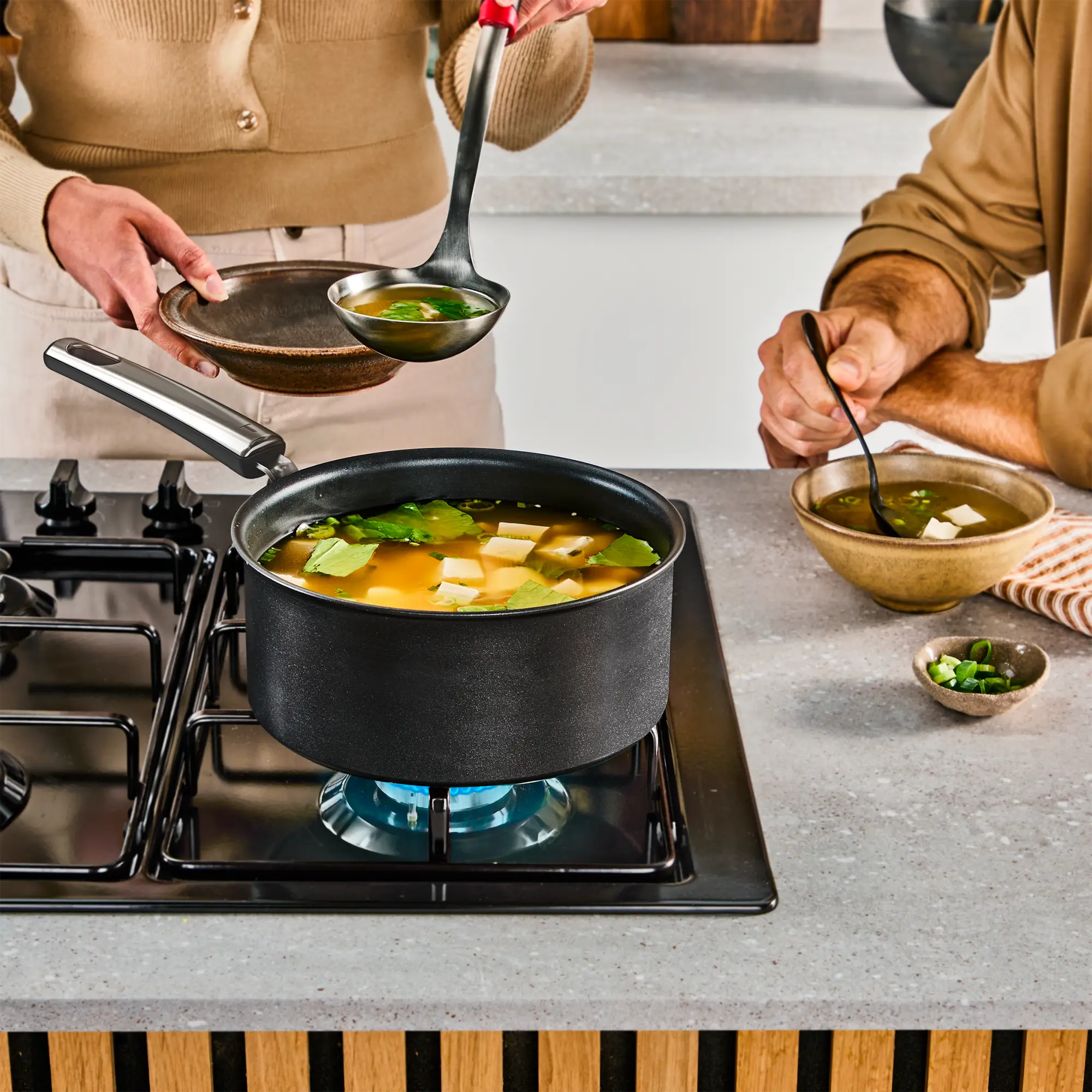 Tefal Space+ Excellence+ Induction Non-Stick Saucepan on cooktop